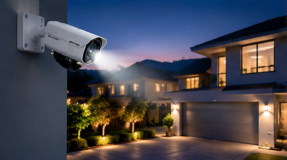 Security camera covering a house at night
