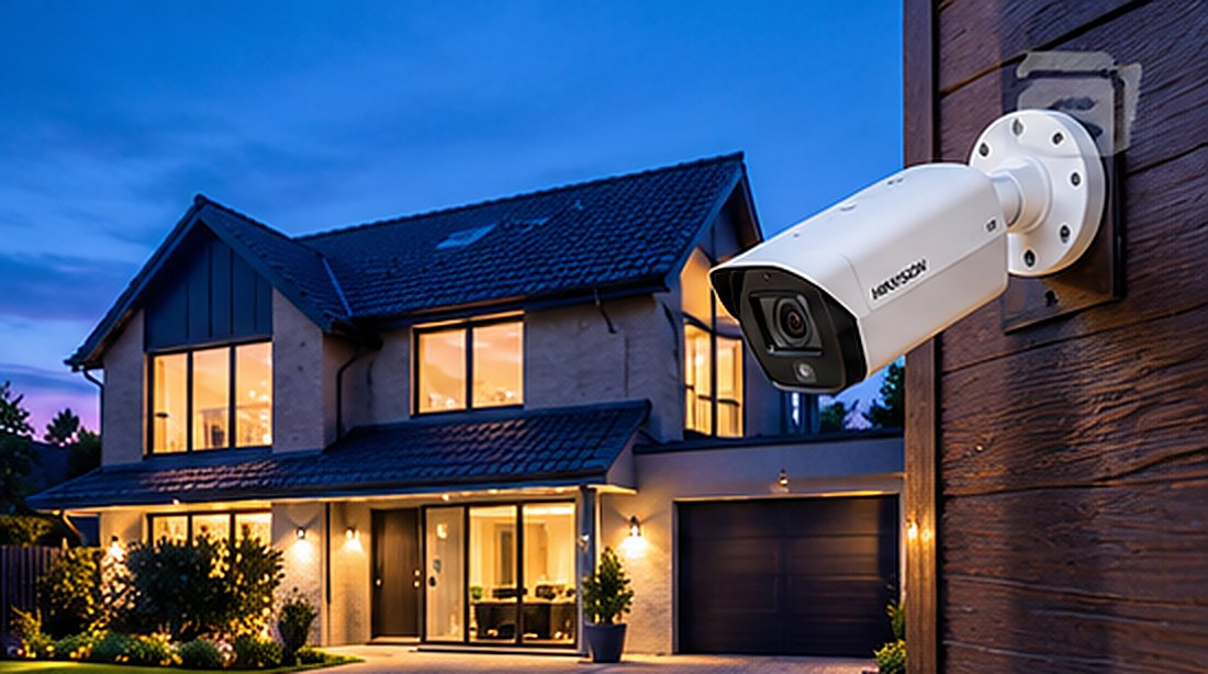 Security camera beside a lit family home at dusk