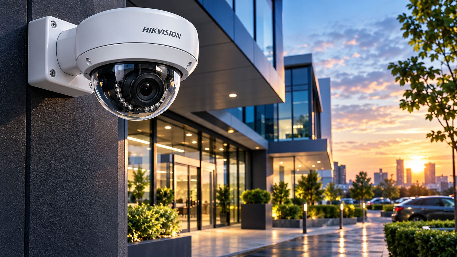 Hikvision dome camera outside a modern London office at sunset